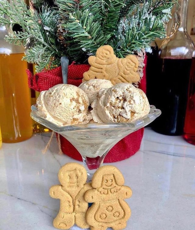 A coupe of scoops with gingerbread biscuits, a small tree behind.